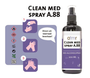 Alcohol spray, desinfectie handspray, Clean MED A88 is een merknaam van AtmR, effectieve non-geparfumeerde bio-alcoholspray voor gebruik in de foodsector en gezondheidszorg in keukens, restaurants en op plaatsen waar optimale handhygiëne gewenst of noodzakelijk is. AtmR BIO alcohol en handspray desinfectie, Clean med a88 spray is zeer effectief voor tussentijdse hygiëne.